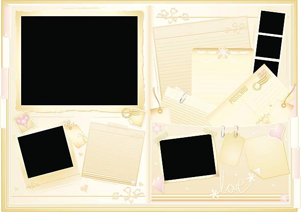 Wedding Memory Book "Open memory book with tabbed pages. Designed with lots of useful individual design elements and lots of empty frames and space to add your own images, text, logos etc." book heart shape valentines day copy space stock illustrations