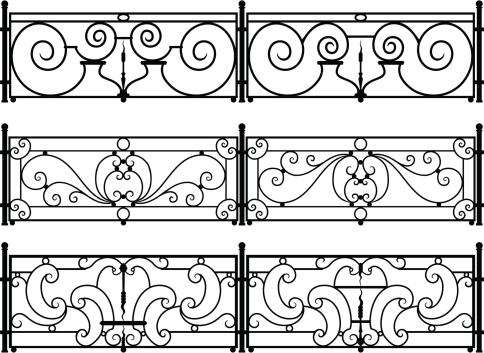 Six variations on sections of decorative wrought-iron fences or balcony railings. Each section is different, with loop, spiral, curl, and dagger shapes. You can separate, duplicate, and rearrange the sections and fence posts for multiple designs.  