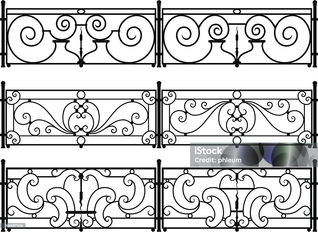 Decorative wrought-iron fence or railing vector drawings Six variations on sections of decorative wrought-iron fences or balcony railings. Each section is different, with loop, spiral, curl, and dagger shapes. You can separate, duplicate, and rearrange the sections and fence posts for multiple designs.   Railing stock vector