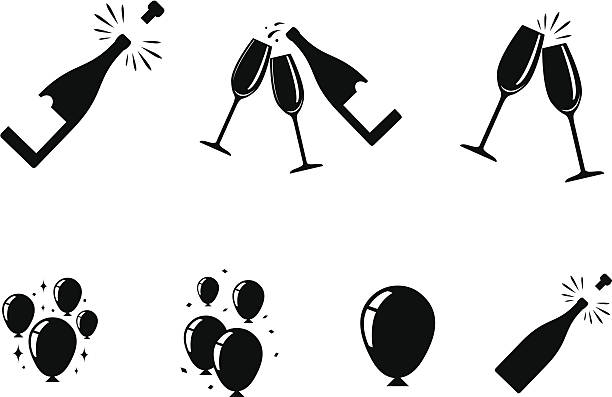 celebration icons champagne and balloon icons champagne flute stock illustrations