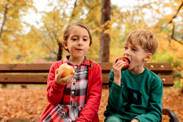 istock Children eating apple in park full with autumn leafs 1654875940
