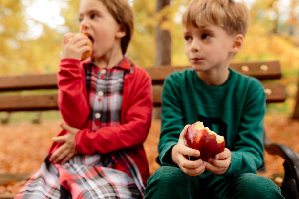 istock Children eating apple in park full with autumn leafs 1654876477