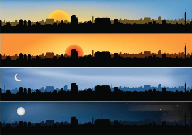 Four different panoramic city scenes Highly detailed Cityscapes during different times of day (zip file contains AI,High res. Jpeg) morning afternoon night stock illustrations