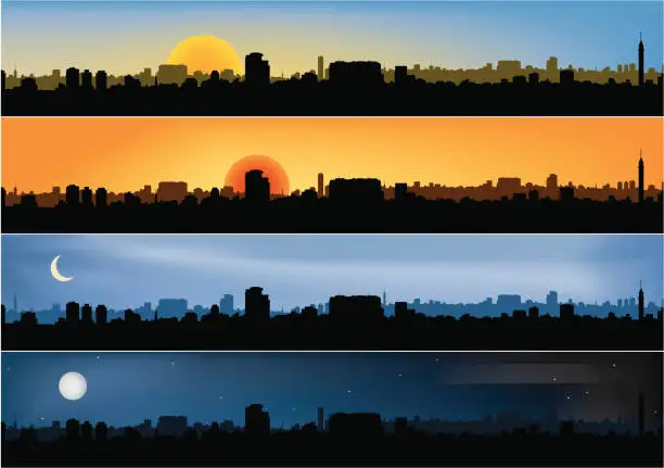 Vector illustration of Four different panoramic city scenes