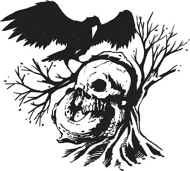 Vector illustration of Skull and Raven