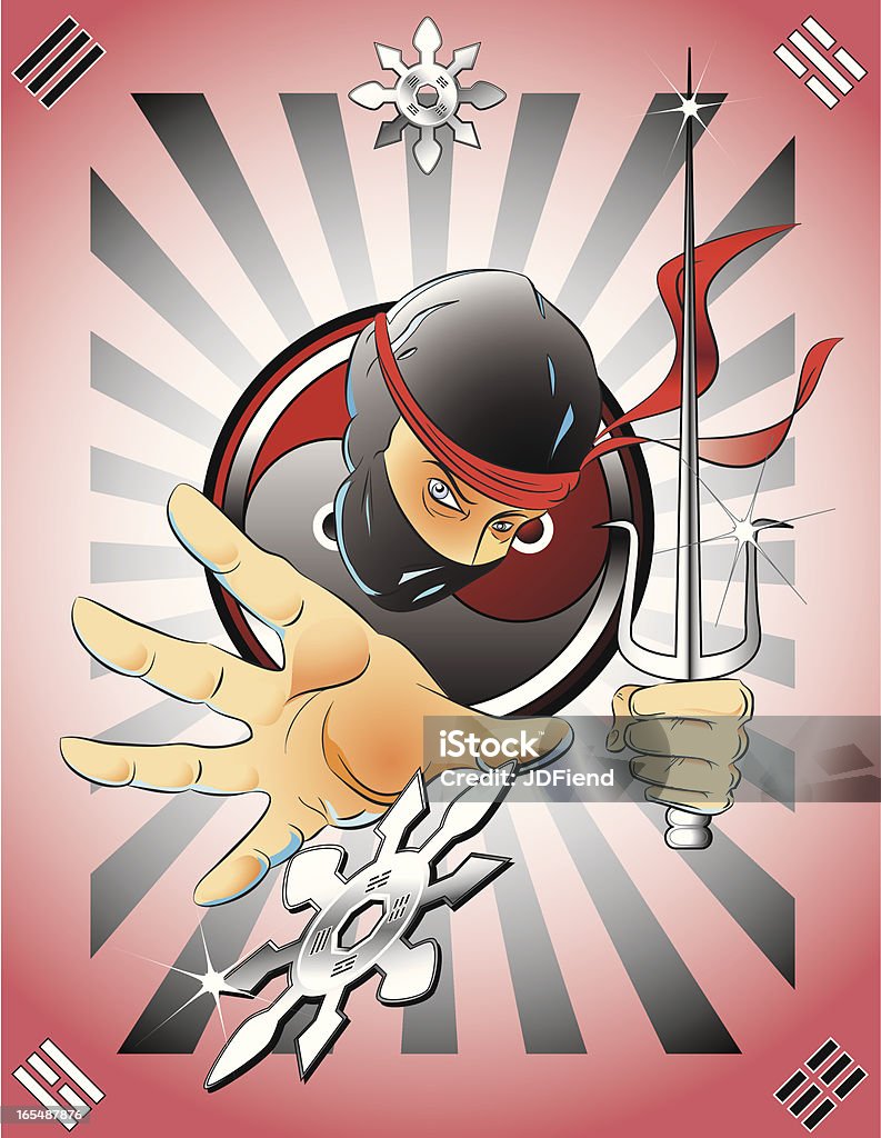 Ninja with Sai and Shuriken Illustration of a Ninja throwing a Star. All elements are on separate layers for easy editing. The face, hands, and weapons, etc. may each be removed or repositioned easily. The border is comprised of the martial arts symbols for heaven, water, fire, and earth. Hi-Res JPEG, CS2 and CS3 files are included. Asian Culture stock vector