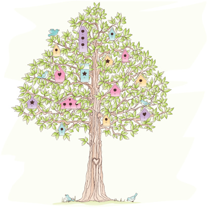 Sketch drawn watercolor and ink style tree filled with pastel colored birdhouses.