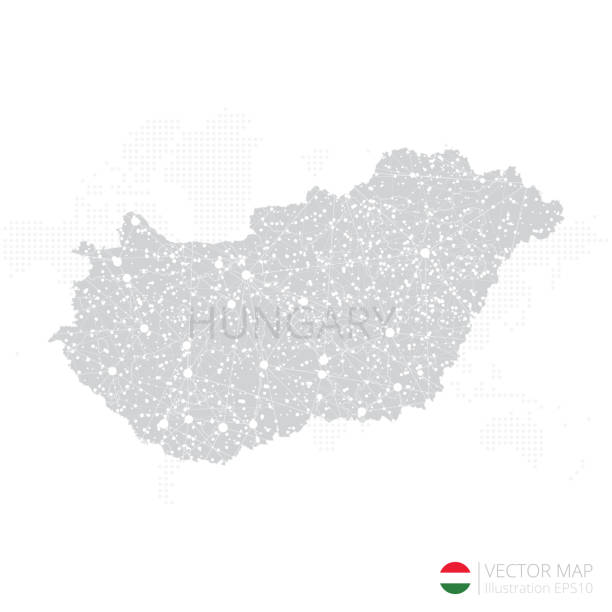 szara mapa węgier izolowana na białym tle z abstrakcyjną linią siatki i skalami punktowymi - hungary hungarian culture hungarian flag flag stock illustrations