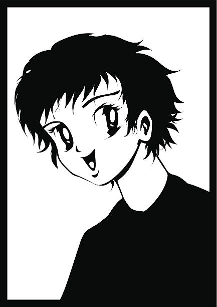 Happy manga girl Manga style girl smiling. black and white anime girl stock illustrations
