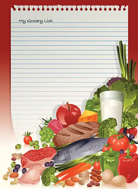 Vector illustration of Healthy Food Staples on Grocery List Vector
