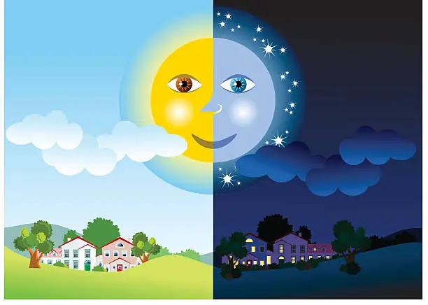 Vector illustration of Half day and half night with the sun connected to the moon