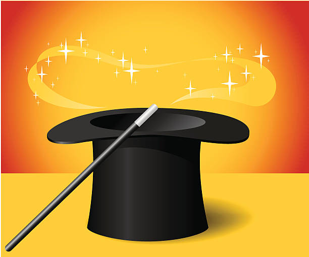 Magic Hat and Wand A magician's hat, upside down, with a magic wand.  Magical sparkles emanate from the hat as a spell begins to be cast. rabbit hat stock illustrations