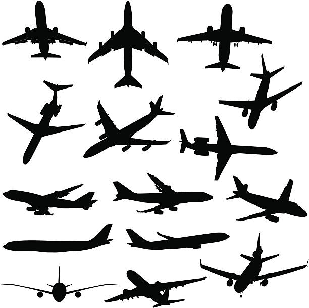 Airplane silhouette collection A collection of fifteen plane silhouettes from different angles. airplane clipart stock illustrations
