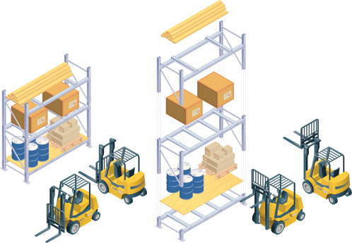 Isometric forklift and warehouse rack