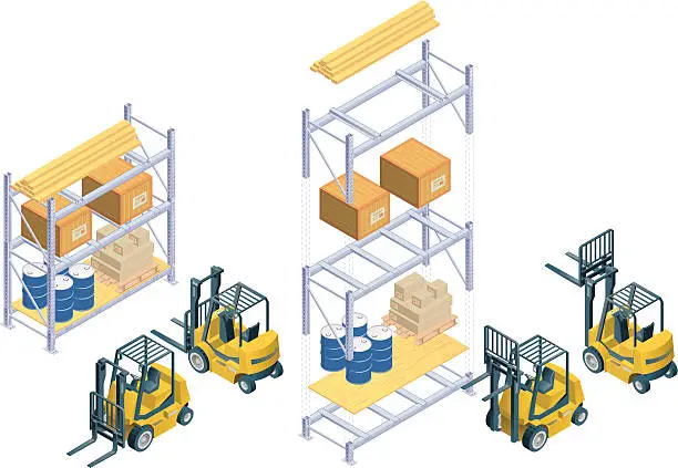 Vector illustration of Isometric forklift and warehouse rack