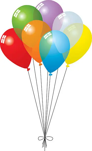 Vector illustration of A group of seven different colored balloons tied together