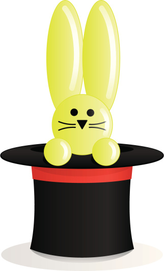 A fun and colorful balloon rabbit peeking out of a magician's hat. Perfect for children's birthday party invitations or promoting a magic show.