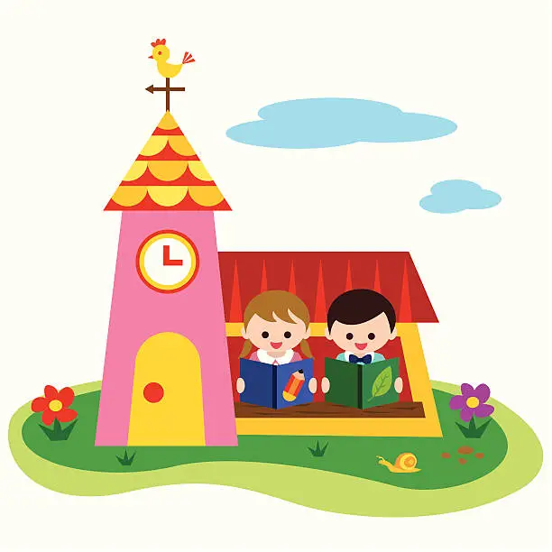 Vector illustration of boy and girl reading in school