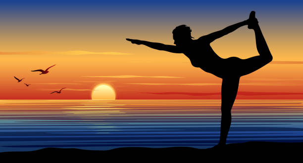ilustrações de stock, clip art, desenhos animados e ícones de ioga ao pôr do sol - stretch beach