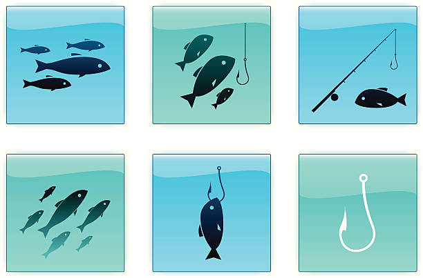 ilustraciones, imágenes clip art, dibujos animados e iconos de stock de iconos de pesca - catch of fish illustrations