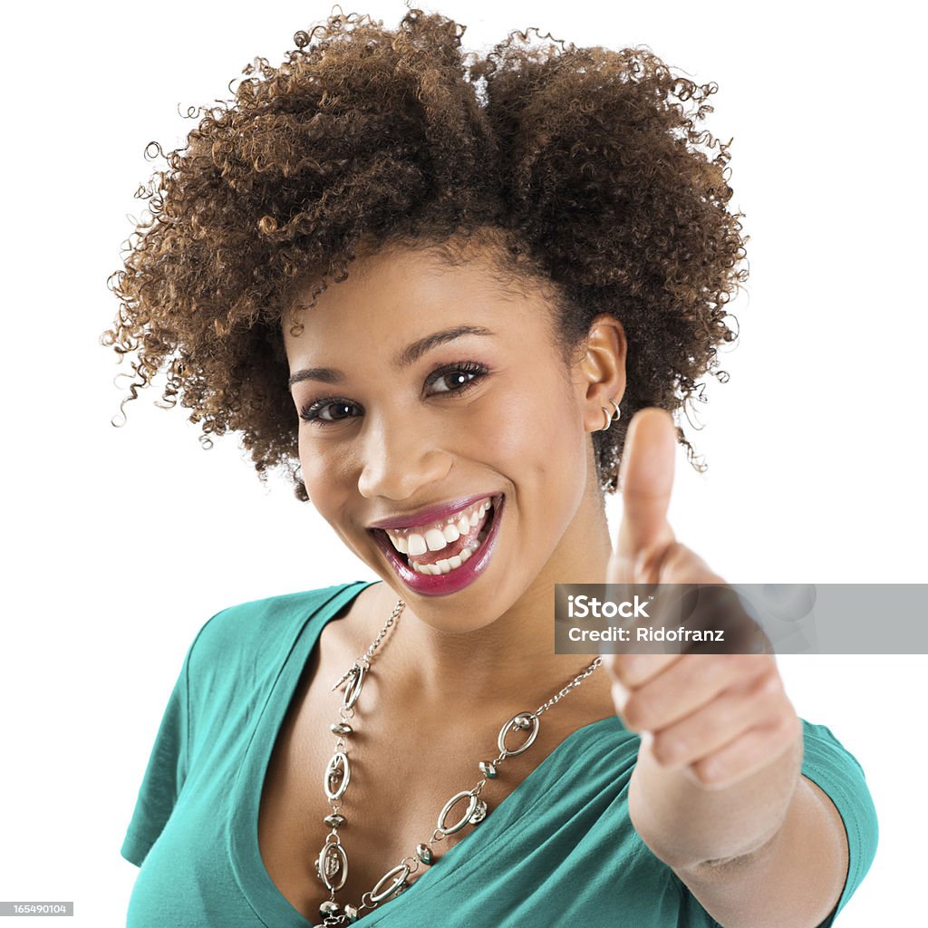 Portrait Of Young Woman Showing Thumb Up Sign Happy Young Smiling African Woman isolated. Moving Up Stock Photo