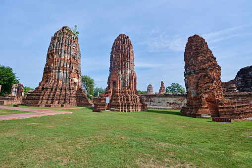 Ancient prang ruins at Wat Mahathat. Ayutthaya. Phra Nakhon Si Ayutthaya province. Thailand.