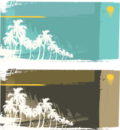 Grunge tropical surf scene with palm trees and graphic elements. Ideal as background or banner.