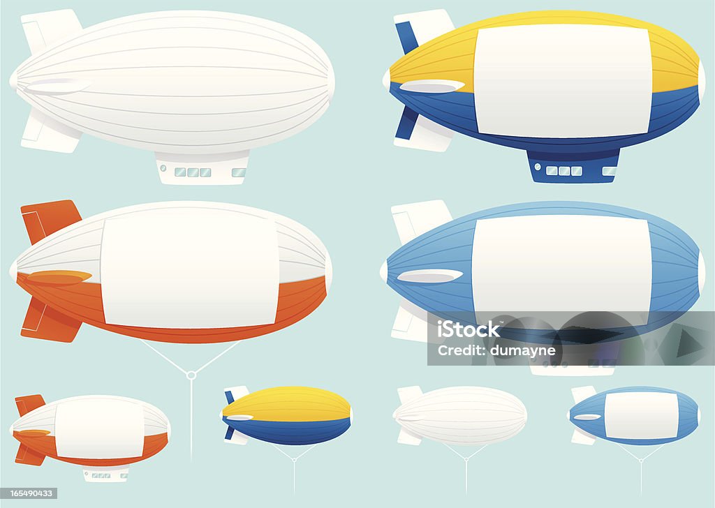 Assorted blimp airships Assorted blimps! All isolated from background, and ready for your advertisement. Plenty of copy space on each one. Four with the gondola below and four of the tethered variety. The white blank square copy space areas can be removed very easily from any blimp if you need just the blimp itself (like the white ones). Blimp stock vector