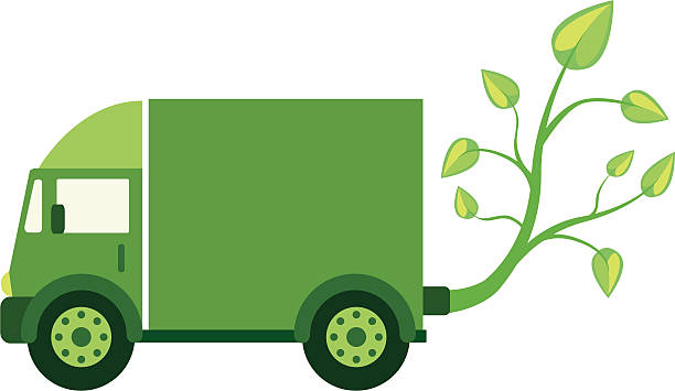 Green Eco Truck Box truck with green leaves coming out of the exhaust. Eco friendly fuels, hybrids and efficient trucks. alternative fuel vehicle stock illustrations