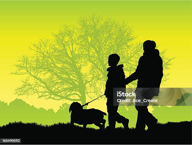 Vetores de Mulher E Menino Andando Um Cachorro Pela Floresta e mais imagens de Adulto - Adulto, Adulto de idade mediana, Ambiente - All Vocabulary