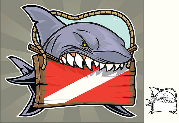 stockillustraties, clipart, cartoons en iconen met shark biting sign, illustration - toy shark
