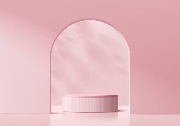 istock Abstract 3D pink cylinder pedestal podium background with leaf shadow in arch gate. Product display mockup presentation. Pastel minimal wall scene. Stage showcase. Platforms vector geometric design. 1654907343