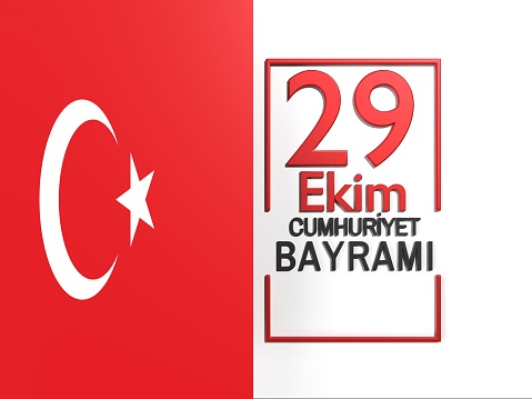 29 October Republic Day of Türkiye banner on white with Turkish celebration message. 3D render isolated on blue background. Easy to crop for all your print sizes and social media needs.