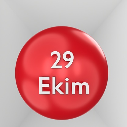 29 October Republic Day of Türkiye text on a red shiny sphere with a partial Turkish flag on white background. Easy to crop for all your print sizes and social media needs.