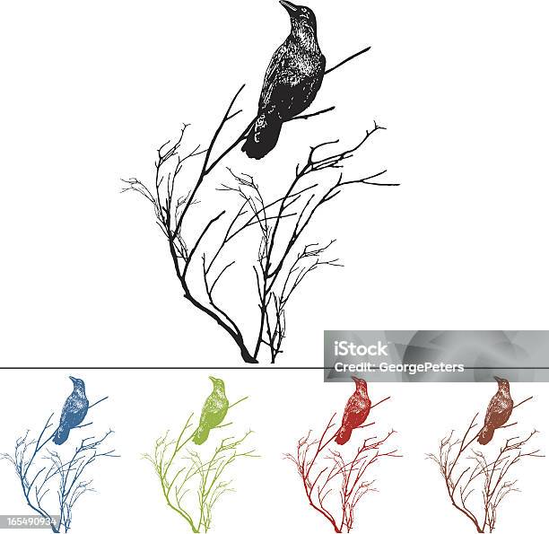 Raven На Ветвь Элемент Дизайна — стоковая векторная графика и другие изображения на тему Ворон - Ворон, Иконка, Без людей