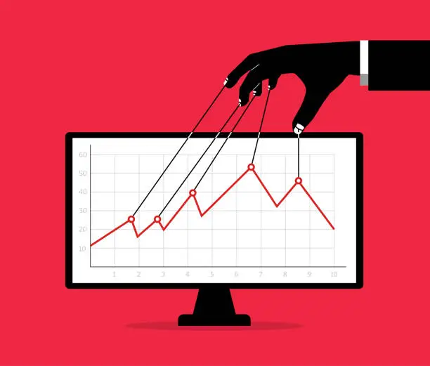 Vector illustration of Stock market manipulation, hands with strings over graph for changing, controlling price movement, businessman market manipulator to control market graphs