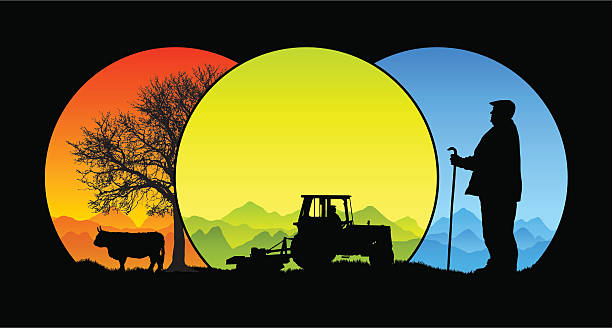 Traditional seasonal farming silhouette Traditional farming through the seasons. farmer silhouettes stock illustrations