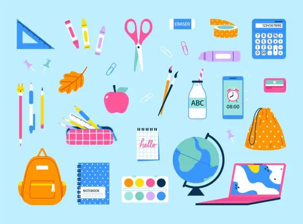 Vector illustration of School and office stationery set. Education supplies.Flat vector illustration on blue background.