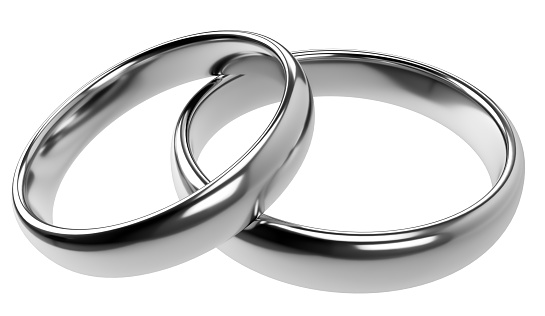 Illustration of two wedding silver rings isolated on white background. Unity and love concepts