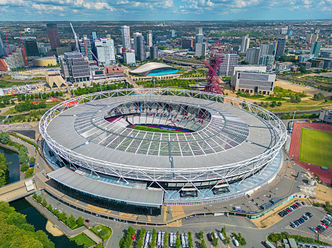 West Ham, London. United Kingdom. Aerial image of London Stadium. Also known as the Elizabeth Olympic Park Stadium the home of West Ham Football Club. 15th August 2023