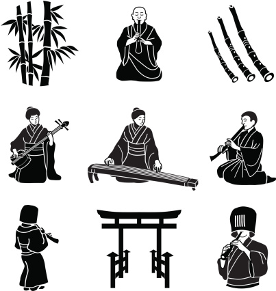 Vector illustrations of Japanese musicians including a shakuhachi a koto and a shamisen.