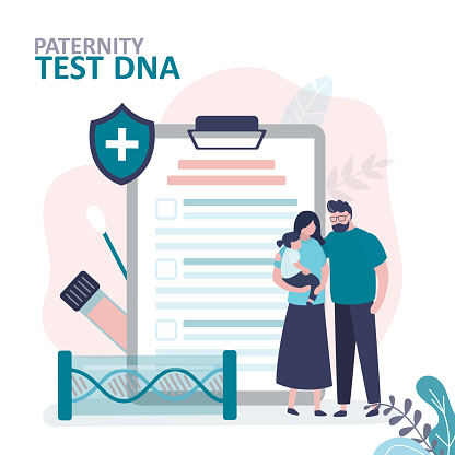 Paternity testing, concept. Genetic laboratory, DNA research, test results. Married couple with their daughter stand near DNA testing report. Partnership, happy family. flat vector illustration