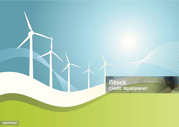 Windmillsgreenwave2 Vecteurs libres de droits et plus d'images vectorielles de Production d'énergie - Production d'énergie, Blanc, Bleu