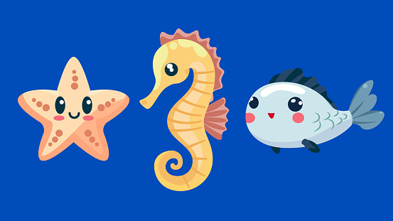 Set of cute wild animals, Fish, Walrus, sea ​​star, Safari jungle animals flat vector illustration