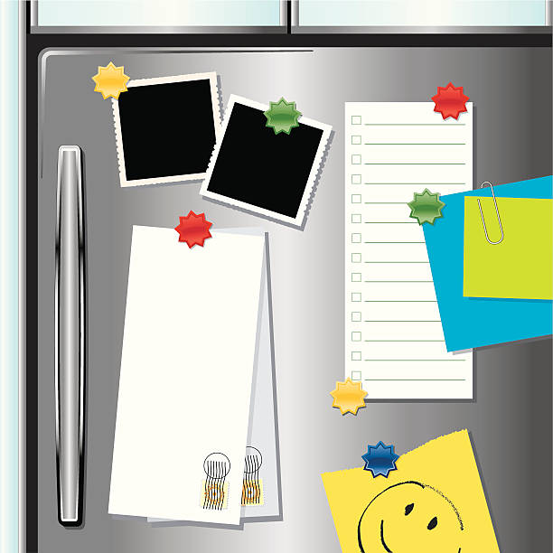metallic-kühlschrank mit magneten - refrigerator domestic kitchen magnet door stock-grafiken, -clipart, -cartoons und -symbole
