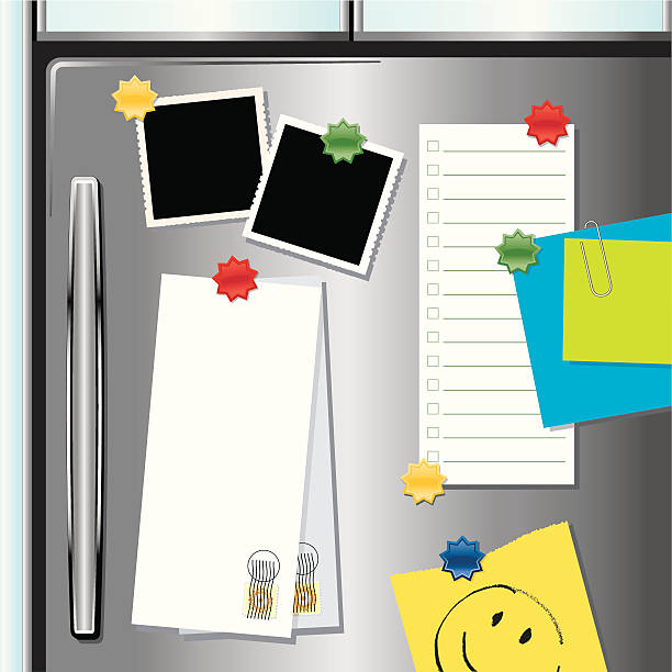 Metallic Fridge with Magnets A modern stainless steel looking fridge with assorted papers, frames and magnets. New metal fridges now have the ability to hold magnets! reminder-stamp stock illustrations