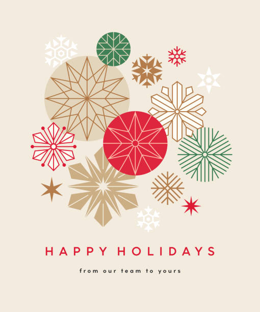 Holiday Christmas Card with Stars and Snowflakes Modern Christmas, Holiday background with stylized snowflakes and stars. Simple and elegant Christmas card design. Contemporary geometric Christmas card. christmas stars stock illustrations