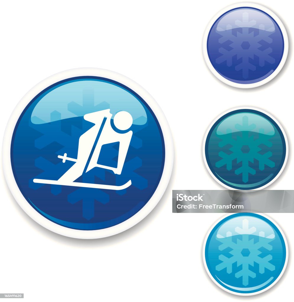 Winter Icons - Alpine Ski "Glossy icon with subtle snowflake inside. Four color variations. AI file included, which contains transparency and live drop shadows." Cold Temperature stock vector