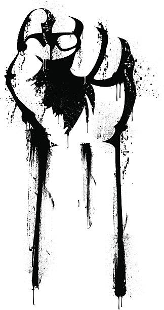 Revolution Fist Black-and-white grunge stencil portraying a raised fist, symbolizing revolution. power fist icon stock illustrations