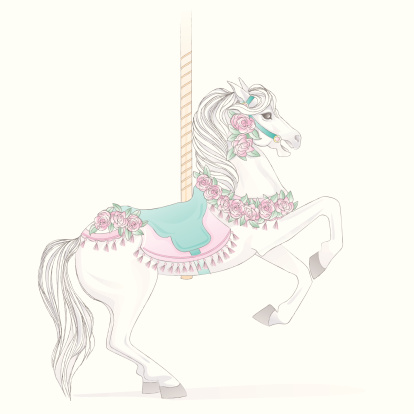 A vector illustration of a white carousel horse done in watercolor/pencil style. The horse in rearing on it's hind legs in anticipation of a gallop. She is wearing a blue saddle with a pink tasseled blanket and pink roses  and green leaves adorn her all over. A gold pole rises from her back for the little rider to hold onto.